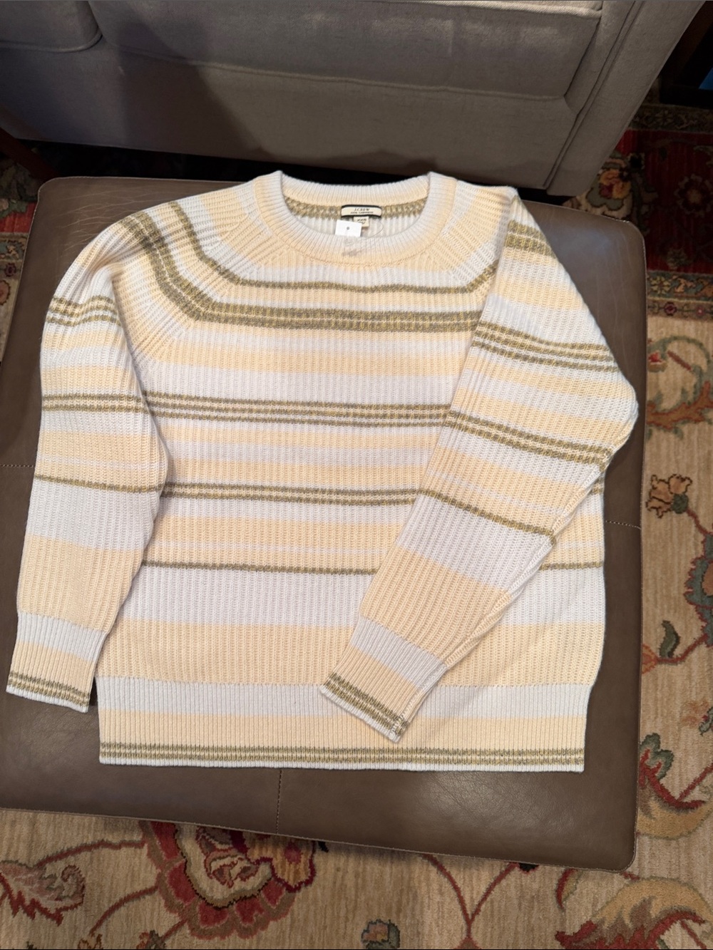 J. Crew Cream and Pale Yellow Striped Crewneck Sweater